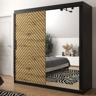 Vysoká šatníková skriňa 200 cm so zrkadlom ORIOT - čierna / dub artisan