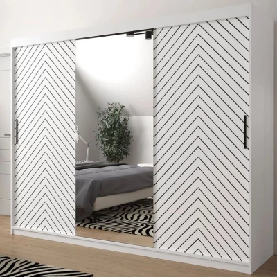 Veľká šatníková skriňa 250 cm so zrkadlom ORIOT - biela / čierna