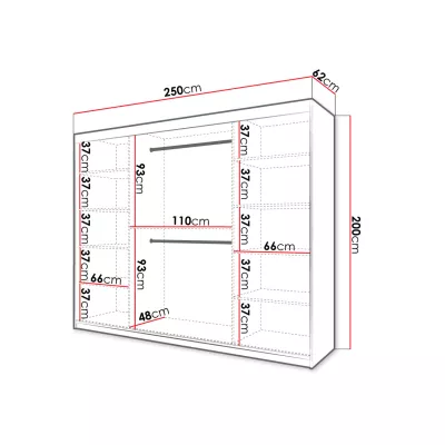 Veľká šatníková skriňa 250 cm so zrkadlom ORIOT - čierna / dub artisan