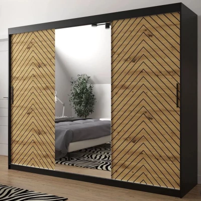 Veľká šatníková skriňa 250 cm so zrkadlom a šuplíkmi ORIOT - čierna / dub artisan