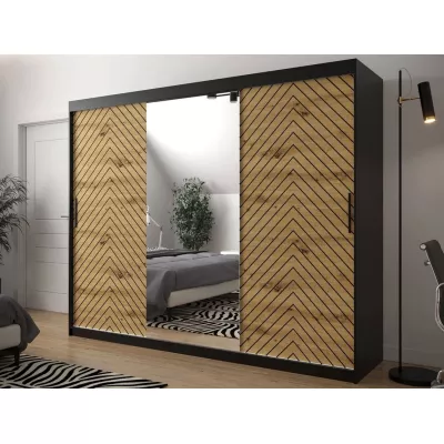 Veľká šatníková skriňa 250 cm so zrkadlom a šuplíkmi ORIOT - čierna / dub artisan