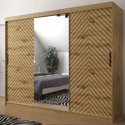 Veľká šatníková skriňa 250 cm so zrkadlom a šuplíkmi ORIOT - dub artisan / čierna