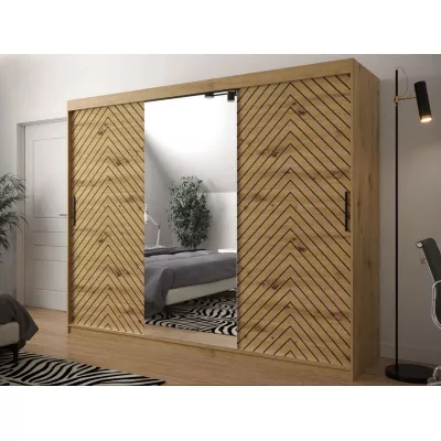 Veľká šatníková skriňa 250 cm so zrkadlom a šuplíkmi ORIOT - dub artisan / čierna