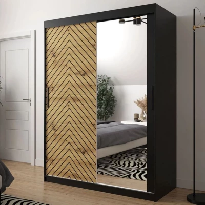 Šatníková skriňa 150 cm so zrkadlom a šuplíkmi ORIOT - čierna / dub artisan
