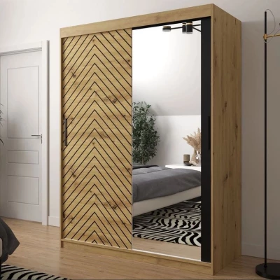Šatníková skriňa 150 cm so zrkadlom a šuplíkmi ORIOT - dub artisan / čierna