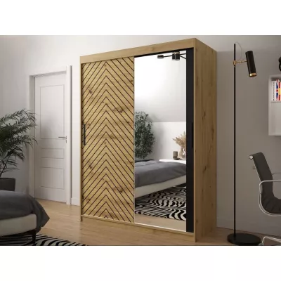 Šatníková skriňa 150 cm so zrkadlom a šuplíkmi ORIOT - dub artisan / čierna