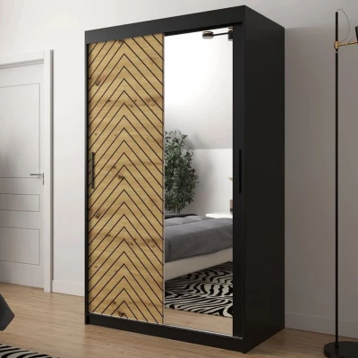 Zrkadlová šatníková skriňa 120 cm so šuplíkmi ORIOT - čierna / dub artisan