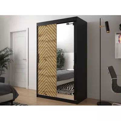 Zrkadlová šatníková skriňa 120 cm so šuplíkmi ORIOT - čierna / dub artisan