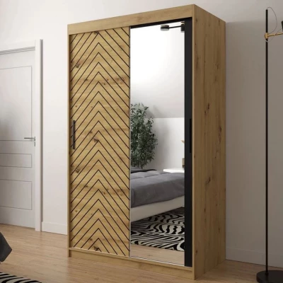 Zrkadlová šatníková skriňa 120 cm so šuplíkmi ORIOT - dub artisan / čierna