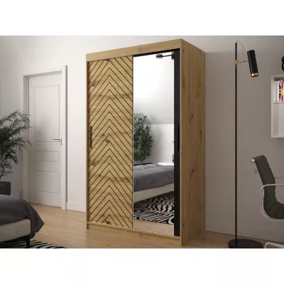Zrkadlová šatníková skriňa 120 cm so šuplíkmi ORIOT - dub artisan / čierna