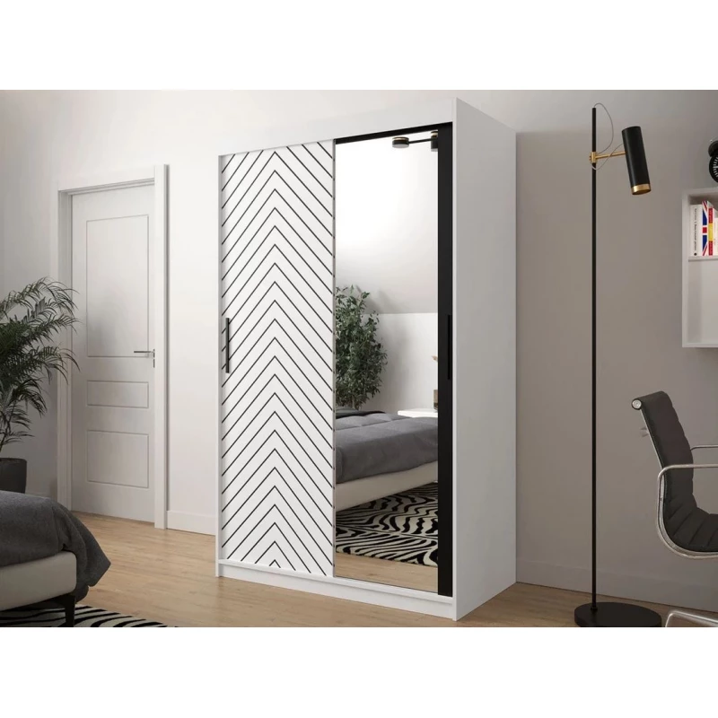 Zrkadlová šatníková skriňa 120 cm so šuplíkmi ORIOT - biela / čierna