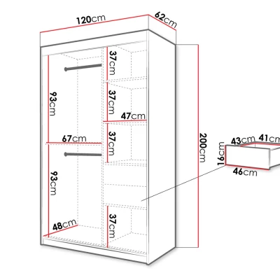 Zrkadlová šatníková skriňa 120 cm so šuplíkmi ORIOT - biela / čierna