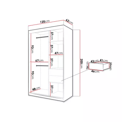 Zrkadlová šatníková skriňa 120 cm so šuplíkmi ORIOT - biela / čierna