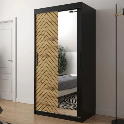 Zrkadlová šatníková skriňa 100 cm so šuplíkmi ORIOT - čierna / dub artisan