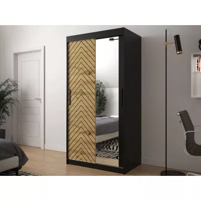 Zrkadlová šatníková skriňa 100 cm so šuplíkmi ORIOT - čierna / dub artisan
