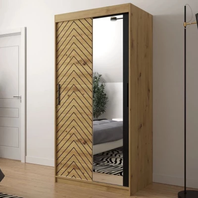 Zrkadlová šatníková skriňa 100 cm so šuplíkmi ORIOT - dub artisan / čierna