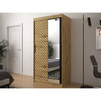 Zrkadlová šatníková skriňa 100 cm so šuplíkmi ORIOT - dub artisan / čierna