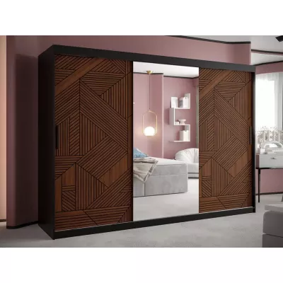 Zrkadlová šatníková skriňa 250 cm so šuplíkmi DERO - tmavý orech / čierna