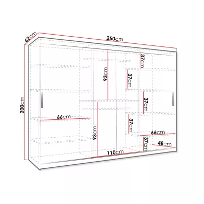 Zrkadlová šatníková skriňa 250 cm so šuplíkmi DERO - tmavý orech / čierna