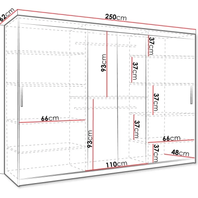 Veľká šatníková skriňa 250 cm so šuplíkmi DERO - tmavý orech / čierna