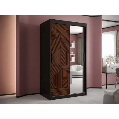 Zrkadlová šatníková skriňa 100 cm so šuplíkmi DERO - tmavý orech / čierna