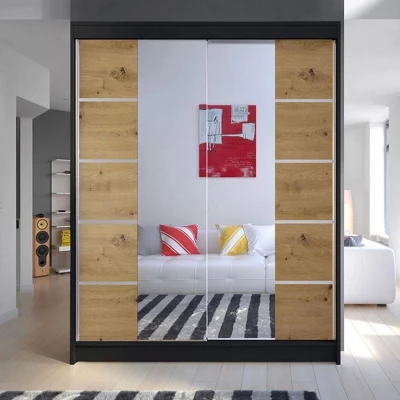 Zrkadlová šatníková skriňa 150 cm s posuvnými dverami PIRITU 5 - dub artisan / čierna