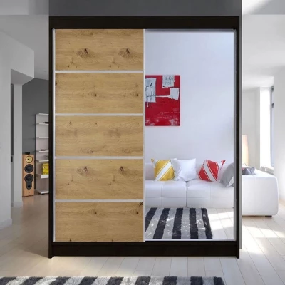 Šatníková skriňa so zrkadlom 150 cm PIRITU 3 - dub artisan / čierna