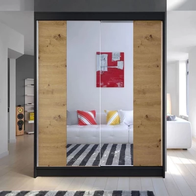 Šatníková skriňa so zrkadlom 150 cm PIRITU 2 - dub artisan / čierna