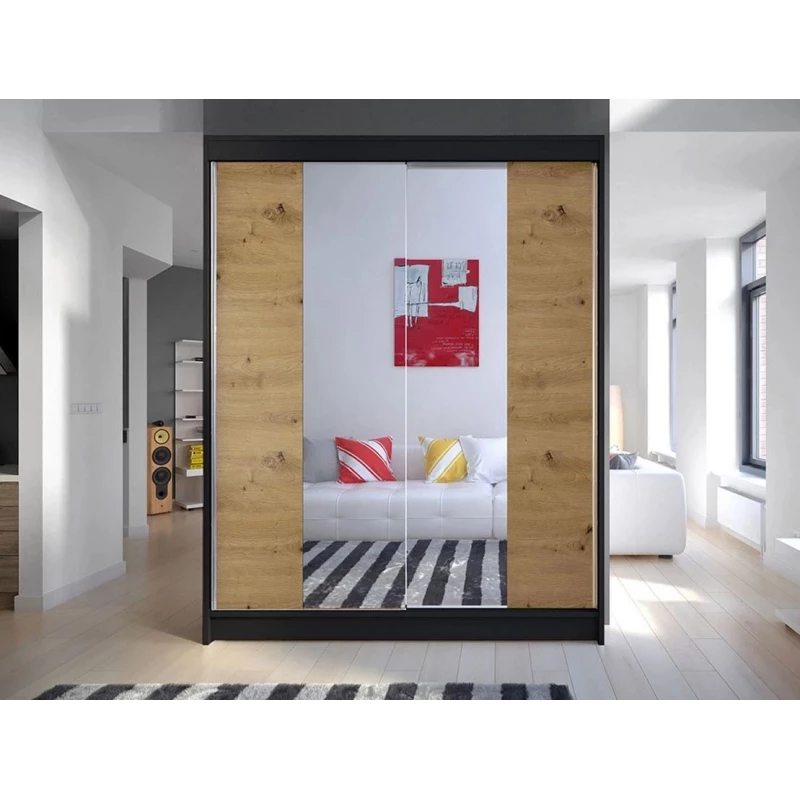 Šatníková skriňa so zrkadlom 150 cm PIRITU 2 - dub artisan / čierna
