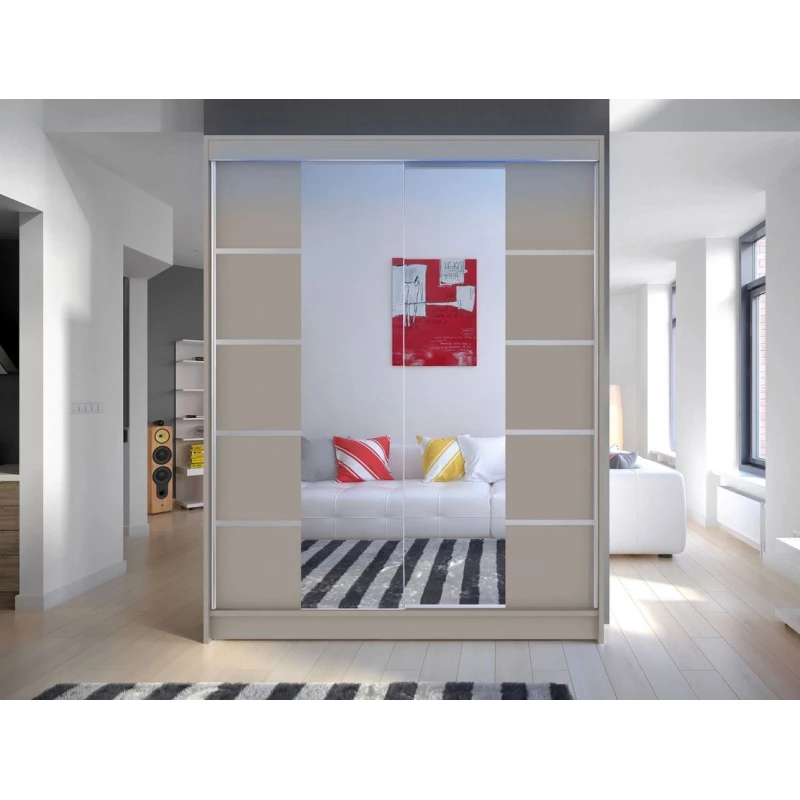 Zrkadlová šatníková skriňa 150 cm s LED osvetlením PIRITU 5 - kašmír
