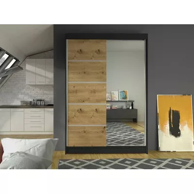 Vysoká šatníková skriňa 120 cm so zrkadlom SAMANRE 3 - dub artisan / čierna