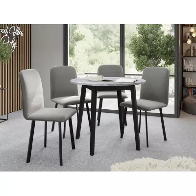 Okrúhly rozkladací stôl so 4 stoličkami SALPA 2 - šedý mramor / čierny / strieborný