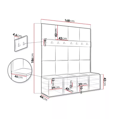 Stena do predsiene s botníkom a panelmi 42x42 SELAND 6 - grafit / šedá