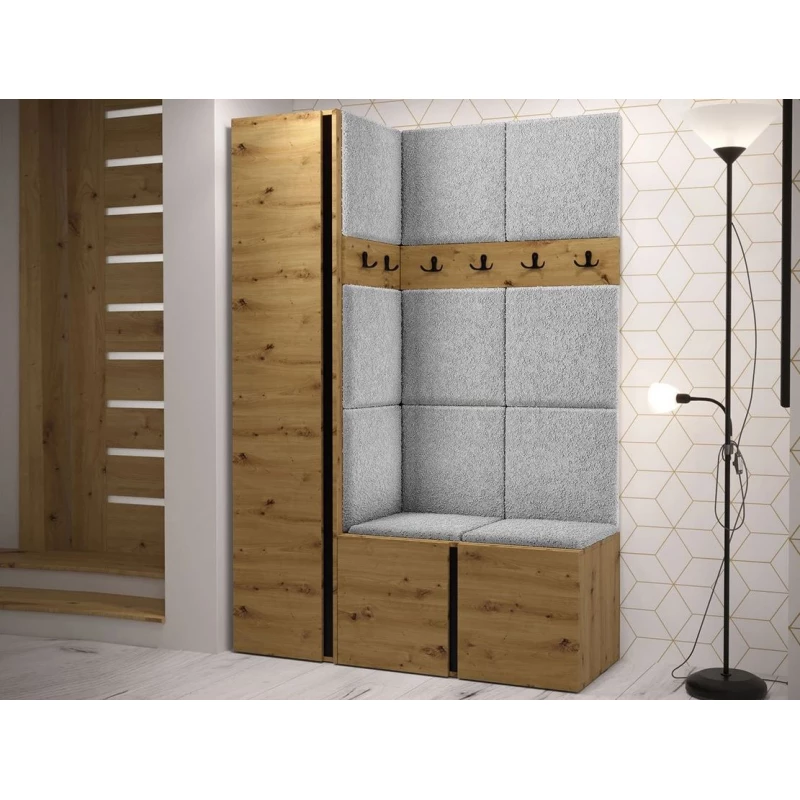 Predsieňová stena s botníkom a panelmi 42x42 SELAND 5 - artisan / čierna / šedá