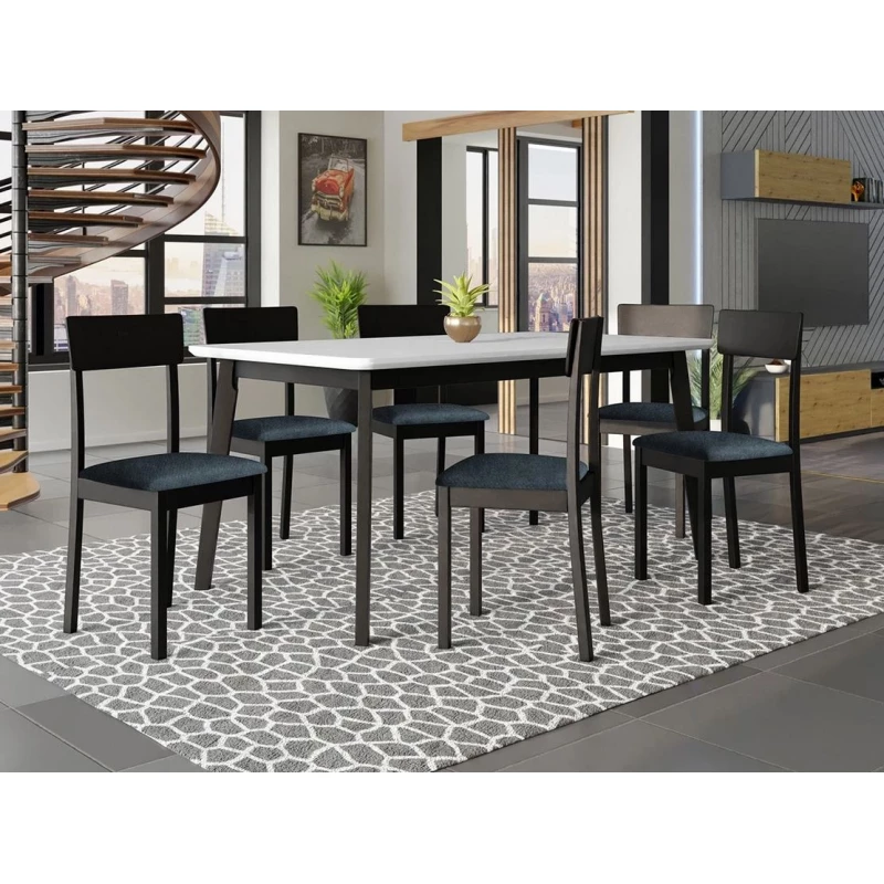 Rozkladací stôl 160 cm so 6 stoličkami ADELBITE 7 - biely / čierny / modrý