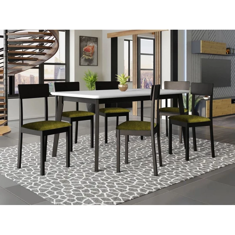 Rozkladací stôl 160 cm so 6 stoličkami ADELBITE 7 - biely / čierny / tmavý olivový