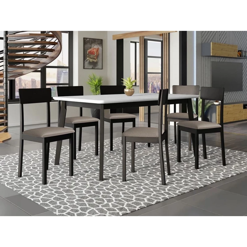 Rozkladací stôl 160 cm so 6 stoličkami ADELBITE 7 - biely / čierny / béžový