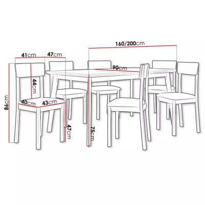 Rozkladací stôl 160 cm so 6 stoličkami ADELBITE 7 - biely / čierny / modrý