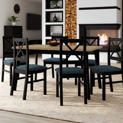 Rozkladací jedálenský stôl 140 cm so 6 stoličkami ADELBITE 3 - dub artisan / čierny / modrý