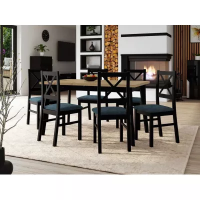 Rozkladací jedálenský stôl 140 cm so 6 stoličkami ADELBITE 3 - dub artisan / čierny / modrý