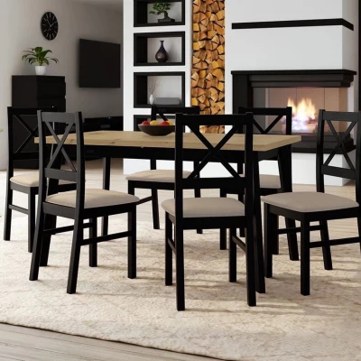 Rozkladací jedálenský stôl 140 cm so 6 stoličkami ADELBITE 3 - dub artisan / čierny / béžový