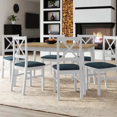 Rozkladací jedálenský stôl 140 cm so 6 stoličkami ADELBITE 3 - dub artisan / biely / modrý
