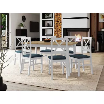 Rozkladací jedálenský stôl 140 cm so 6 stoličkami ADELBITE 3 - dub artisan / biely / modrý