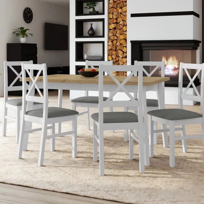 Rozkladací jedálenský stôl 140 cm so 6 stoličkami ADELBITE 3 - dub artisan / biely / šedý