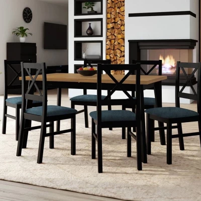 Rozkladací jedálenský stôl 140 cm so 6 stoličkami ADELBITE 3 - dub grandson / čierny / modrý