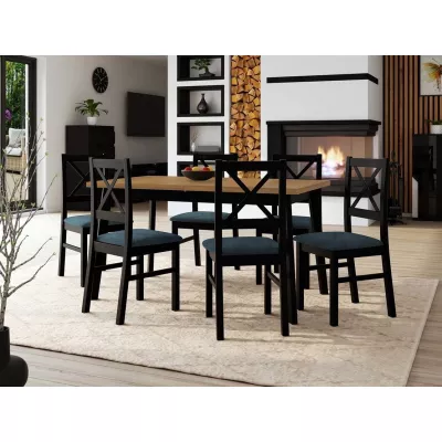Rozkladací jedálenský stôl 140 cm so 6 stoličkami ADELBITE 3 - dub grandson / čierny / modrý