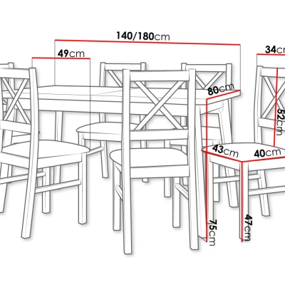 Rozkladací jedálenský stôl 140 cm so 6 stoličkami ADELBITE 3 - dub artisan / čierny / modrý