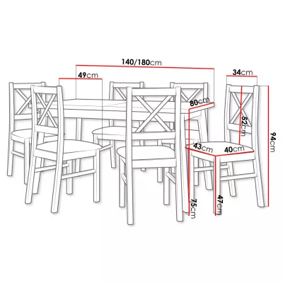 Rozkladací jedálenský stôl 140 cm so 6 stoličkami ADELBITE 3 - dub artisan / čierny / modrý