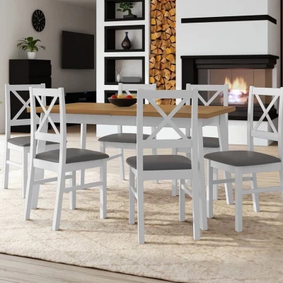 Rozkladací jedálenský stôl 140 cm so 6 stoličkami ADELBITE 3 - dub grandson / biely / oceľový šedý