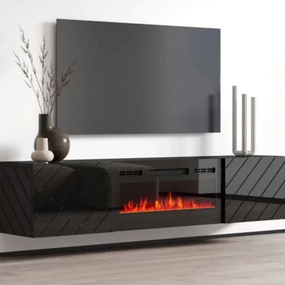 Závesný TV stolík s elektrickým krbom WANDER - čierny / lesklý čierny